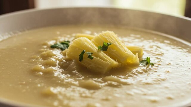Creamy Celery Root Soup with Celery Stalks and Herbs