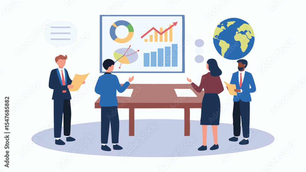 Poster a business meeting with four people discussing charts and graphs with a world globe in the backgroun