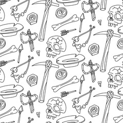 Doodle pattern museum artifacts. Human bones, dishes, pickaxe, jewelry, coins, arrows. Suitable for designing websites, prints, books, children's and educational materials on history and culture