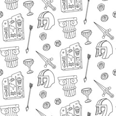Doodle pattern museum artifacts. Blade, Greek column, arrows, helmet, slab with Egyptian hieroglyphs, cup, coins. for designing websites, prints, books, educational materials on history and culture