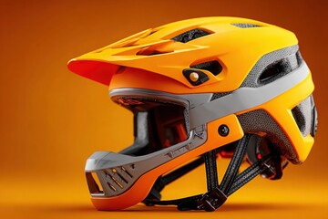 Naklejka premium A vibrant yellow helmet with visor against amber backdrop