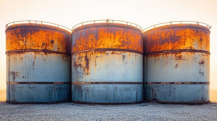 Obraz premium Rusted Industrial Storage Tanks Against a Deserted Landscape