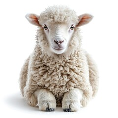 Fluffy white lamb lying down isolated on white background portrait style