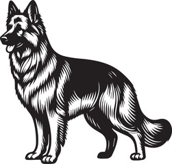 German Shepherd Dog Silhouette Vector | Black and White Illustration	