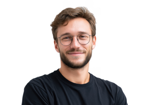 A young man with glasses and a friendly smile stands confidently with crossed arms against a plain white background. conveying a sense of approachability and professionalism