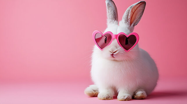 Fluffy white rabbit wearing pink heart shaped sunglasses against a pink background perfect for valentines day or easter projects