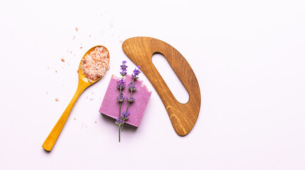 Bright composition with set of natural eco spa and wellness products such as handmade soap,...