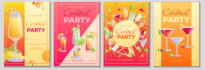 A set of design templates for cocktail party invitations. Mojito cocktail, tequila sunrise, old fashion, Manhattan, pina colada, margarita, mai tai, cosmopolitan. Vector illustration in A4 format