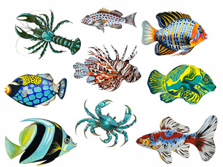 Watercolor fantasy set of colorful fish. Cute hand drawn fish. Illustration for creating stickers, labels and advertising.