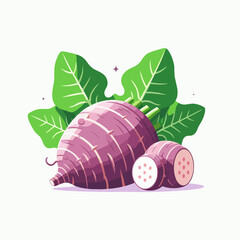 Digital illustration of a whole and sliced purple sweet potato, accompanied by green leaves, presented on a white background.  The design is vibrant, and flat, modern.