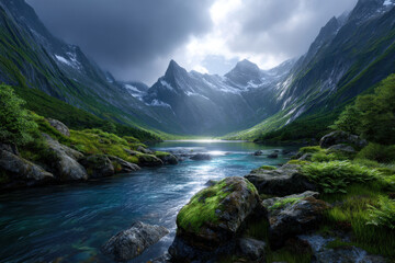 Fototapeta premium Serene mountain landscape with a calm river and dramatic skies in the wilderness