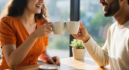 friends clinking coffee cups while smiling at a cafe table