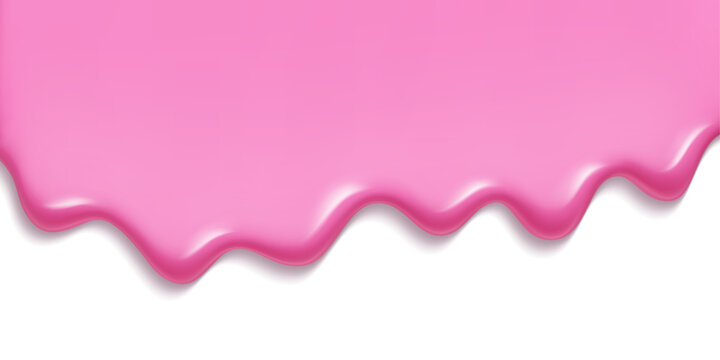 Melting pink ice cream flowing on transparent backdrop - glossy strawberry liquid drip with wavy edges. Sweet frozen dessert melt for candy graphics, food packaging or summer treat illustrations.