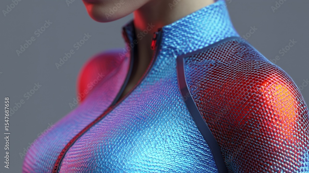 Poster A model showcases an innovative fabric design featuring vibrant colors and textured patterns.
