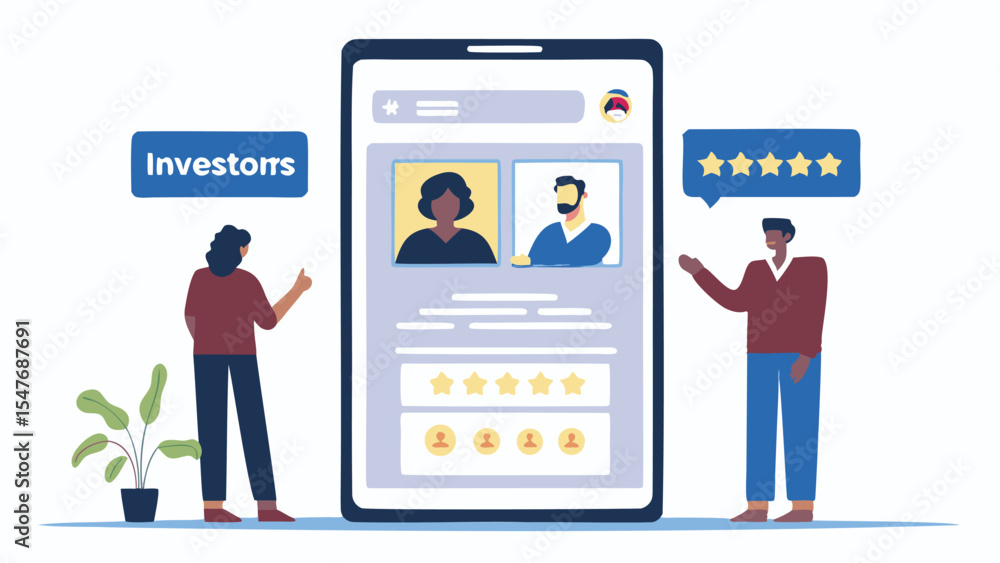 Poster people interacting with a mobile application showing profiles and ratings with five stars displayed 