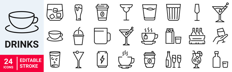 Drinks web icons in line style. Coffee, tea, soda, beer, alcohol, coctail, energy, wine, collection. Vector illustration