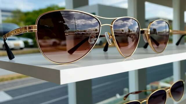 Stylish sunglasses on display in a retail store showcasing a clear sky and vehicles outside