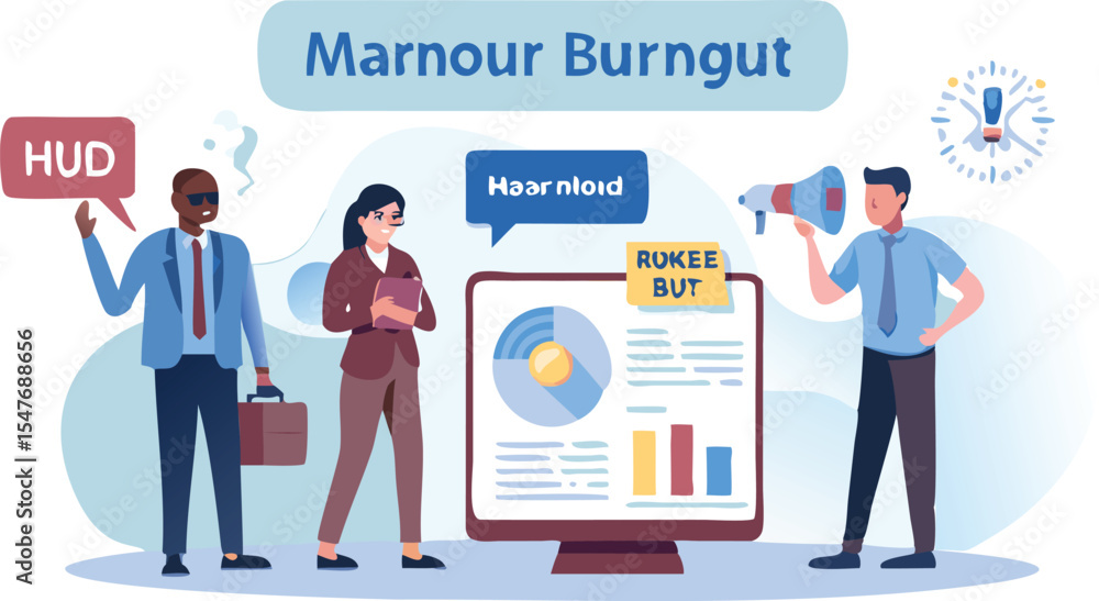Poster illustration of three business people with a monitor displaying charts and graphs in a presentation 