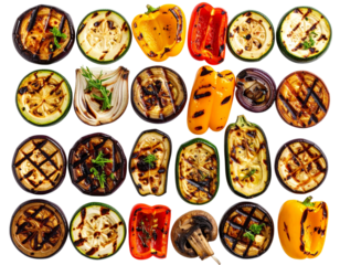 Mixed Grilled Vegetables with Zucchini, Bell Pepper, and Mushrooms, isolated on transparent background