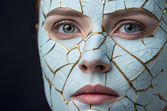 Artistic portrait of a woman with a cracked kintsugi face mask. Conceptual beauty of imperfection, healing, and strength generative ai - Powered by Adobe
