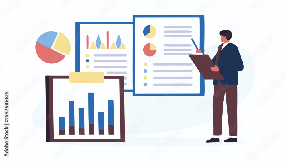 Poster a man analyzing charts and graphs on clipboards and boards for business presentation insight data