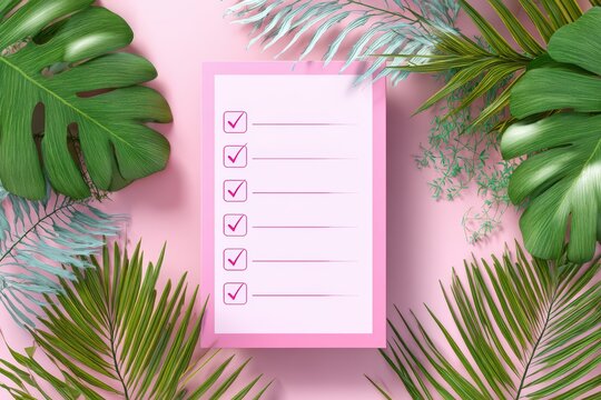 Pink checklist with checkmarks surrounded by tropical leaves on soft pink background, cheerful task management concept.