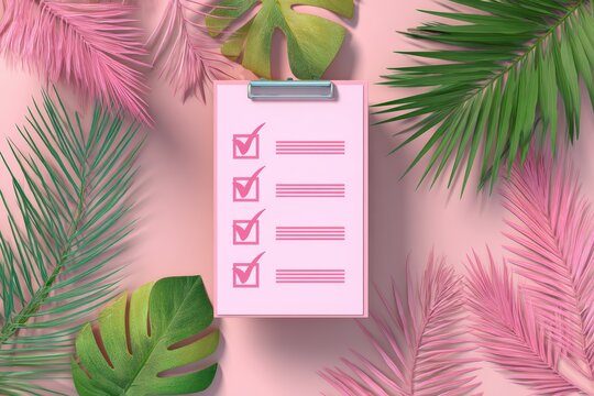 Pink checklist with checkmarks surrounded by tropical leaves on pastel background, fresh task completion concept.