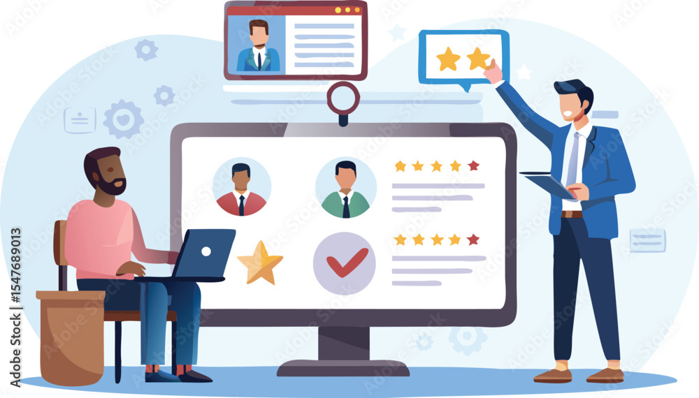 Aufkleber two people reviewing candidates on a computer screen with ratings and profile information displayed 