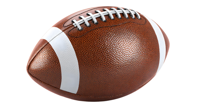 A football with white stitching and brown leather