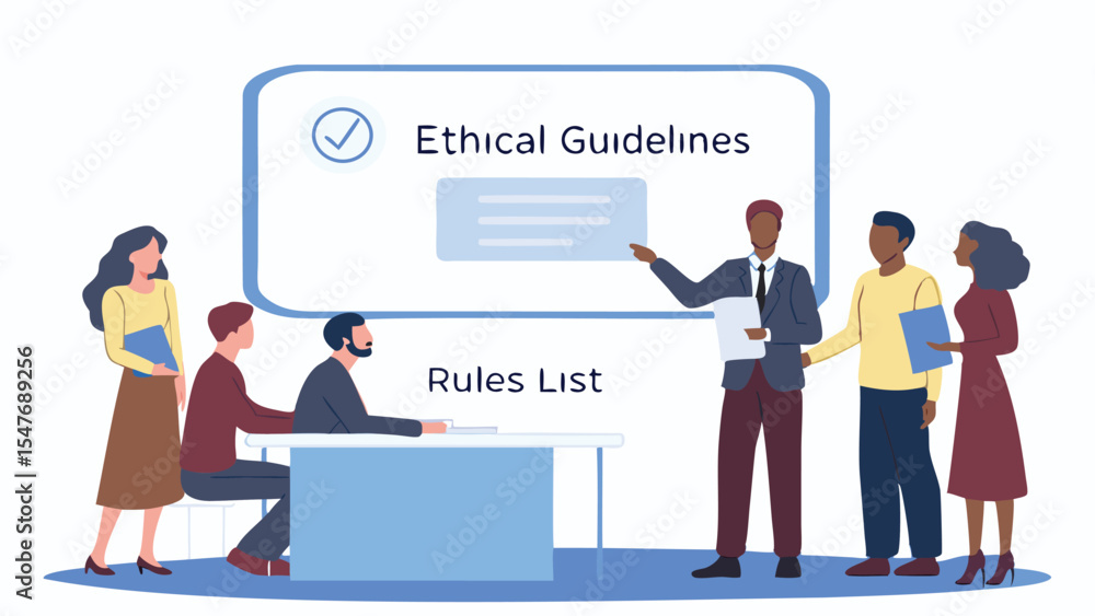 Poster a presentation on ethical guidelines and rules list being given to a group of diverse individuals