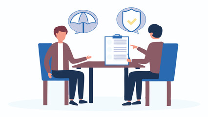 Two individuals discussing insurance options with umbrella and shield icons above their heads at a table