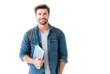 A cheerful young man stands confidently holding a book. dressed casually in a denim jacket and backpack. against a plain white background. suggesting a theme of education and personal growth