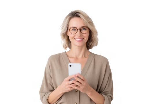 A smiling woman with glasses holding a smartphone. standing against a plain white background. exuding a sense of confidence and approachability. ideal for lifestyle or technology-related content