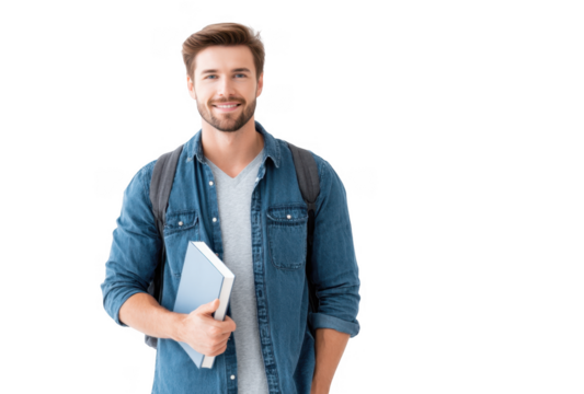 A cheerful young man stands confidently holding a book. dressed casually in a denim jacket and backpack. against a plain white background. suggesting a theme of education and personal growth