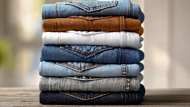 Stack of neatly folded jeans arranged by color on a wooden table in a cozy indoor setting revealing casual fashion organization ideas