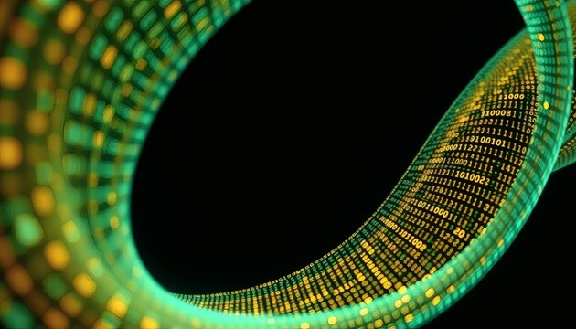 Abstract Ring of Binary Code in Green and Gold on Black Background