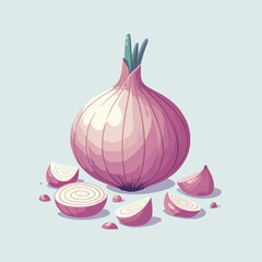 Digitally rendered illustration of a whole pink onion with several slices scattered around it.  The style is bright and eye-catching.