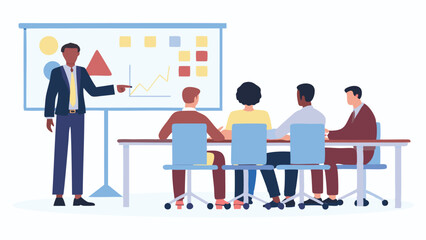 A presenter giving a presentation to a group of people in a conference room with a whiteboard diagram