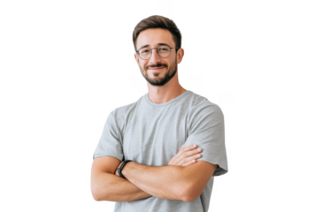 A young man with glasses stands confidently with his arms crossed against a plain light background. exuding a positive and approachable demeanor. suitable for professional or personal branding