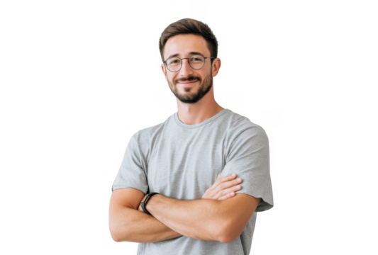 A young man with glasses stands confidently with his arms crossed against a plain light background. exuding a positive and approachable demeanor. suitable for professional or personal branding