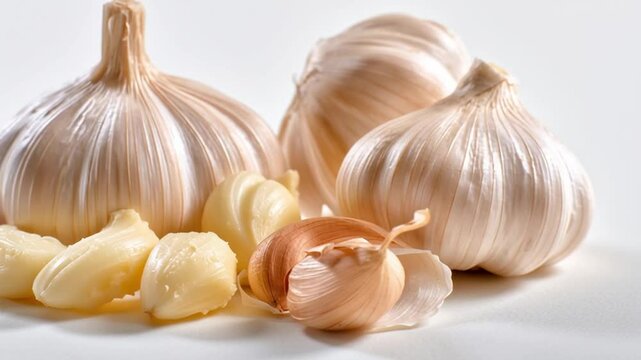 Fresh Garlic Bulbs and Cloves Arranged Artfully on a Bright White Background for Culinary and Health Uses
