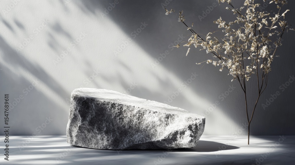 Poster stone sculpture with bonsai tree in shadows for minimal architecture photography branding design vis