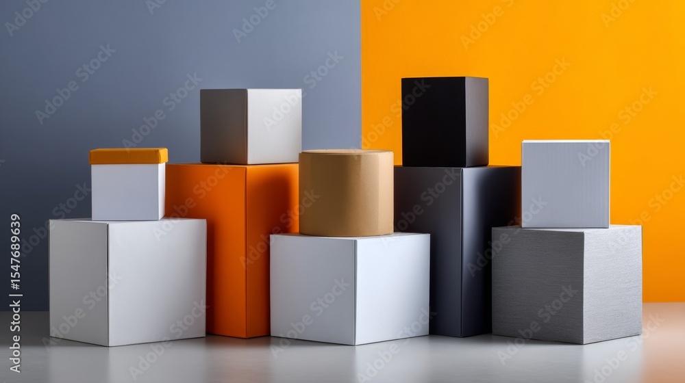 Aufkleber minimal cubic shapes in grayscale with yellow background for modern branding product photography vis