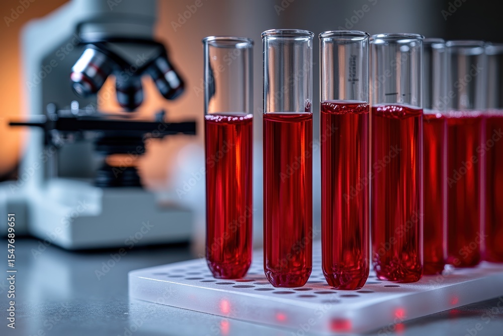Poster close-up of test tubes filled with red liquid next to a microscope in a laboratory setting
