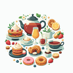 Vibrant, circular graphic design features a variety of breakfast treats and beverages, arranged harmoniously.  The illustration showcases pastries, fruit, beverages, and other food items.