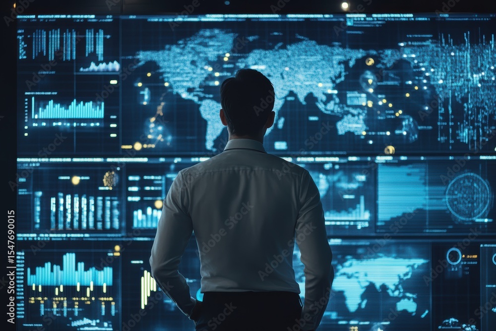 Poster business analyst focusing on data visualization in a modern workspace displaying global trends