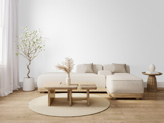 Scandinavian PNG Living Room Mockup with Transparent Wall, Olive Tree, Sectional Sofa and...