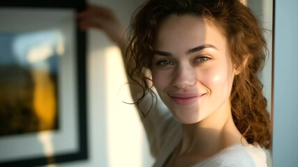 A young woman hangs a picture frame on the wall with pride - Powered by Adobe