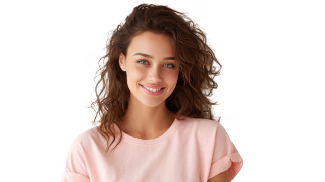 A young woman with curly hair smiles warmly at the camera. dressed casually in a light pink t-shirt. set against a clean white background. conveying a sense of joy and approachability