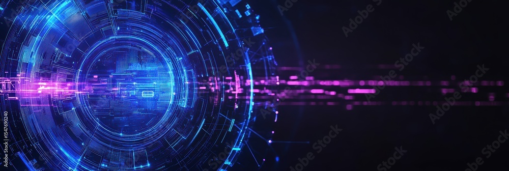Aufkleber digital blue and purple tech circle on dark background with glowing lines and patterns
